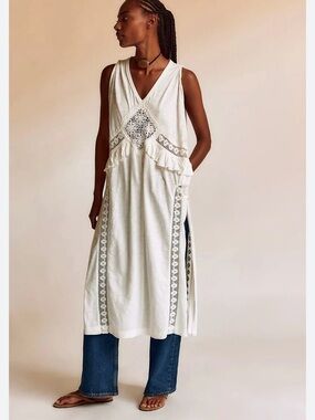 Free People Cream Sleeveless Crochet-Trim Midi Tunic Dress